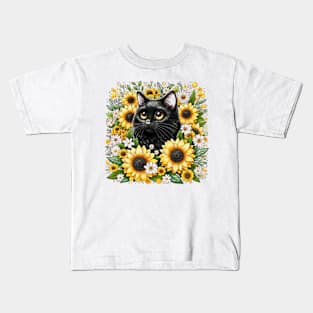 black cat encircled by white and yellow flowers Kids T-Shirt